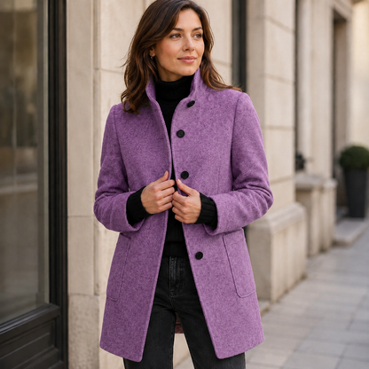 Women's Gray Wool Coat – Button Closure, Round Neckline
