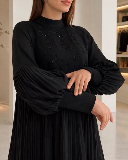 Women's Cotton Blend Pleated Fitted Dress – Elegant Lantern Sleeves