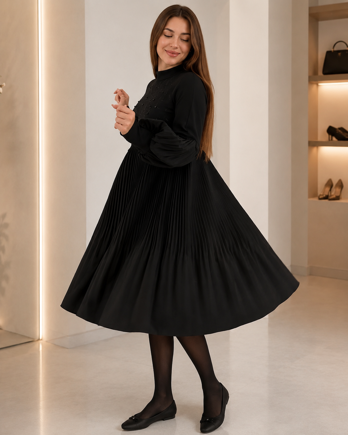 Women's Cotton Blend Pleated Fitted Dress – Elegant Lantern Sleeves