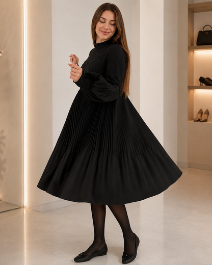 Women's Cotton Blend Pleated Fitted Dress – Elegant Lantern Sleeves
