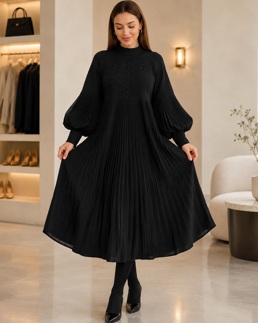Women's Cotton Blend Pleated Fitted Dress – Elegant Lantern Sleeves