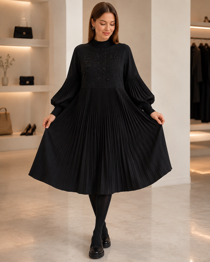 Women's Cotton Blend Pleated Fitted Dress – Elegant Lantern Sleeves