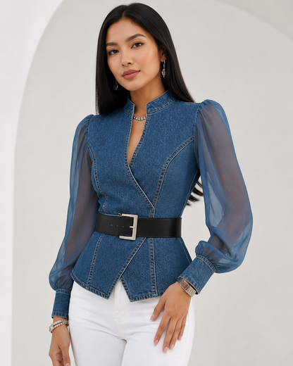 Women's Denim Top with Lightweight Chiffon Sleeves – Wrap-Around Cut
