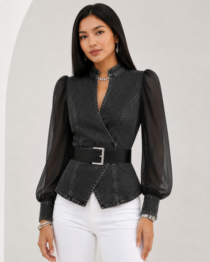Women's Denim Top with Lightweight Chiffon Sleeves – Wrap-Around Cut