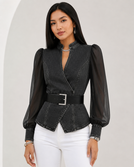 Women's Denim Top with Lightweight Chiffon Sleeves – Wrap-Around Cut