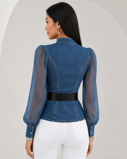 Women's Denim Top with Lightweight Chiffon Sleeves – Wrap-Around Cut