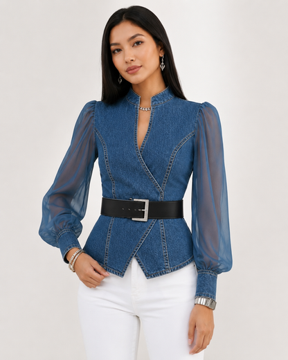 Women's Denim Top with Lightweight Chiffon Sleeves – Wrap-Around Cut
