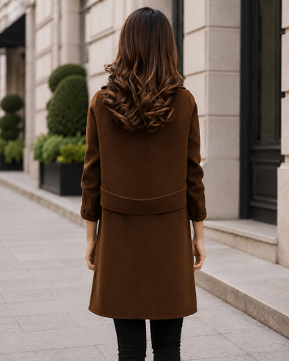 Women's Longline Trench Coat – Double Breasted Design with Sharp Lapels