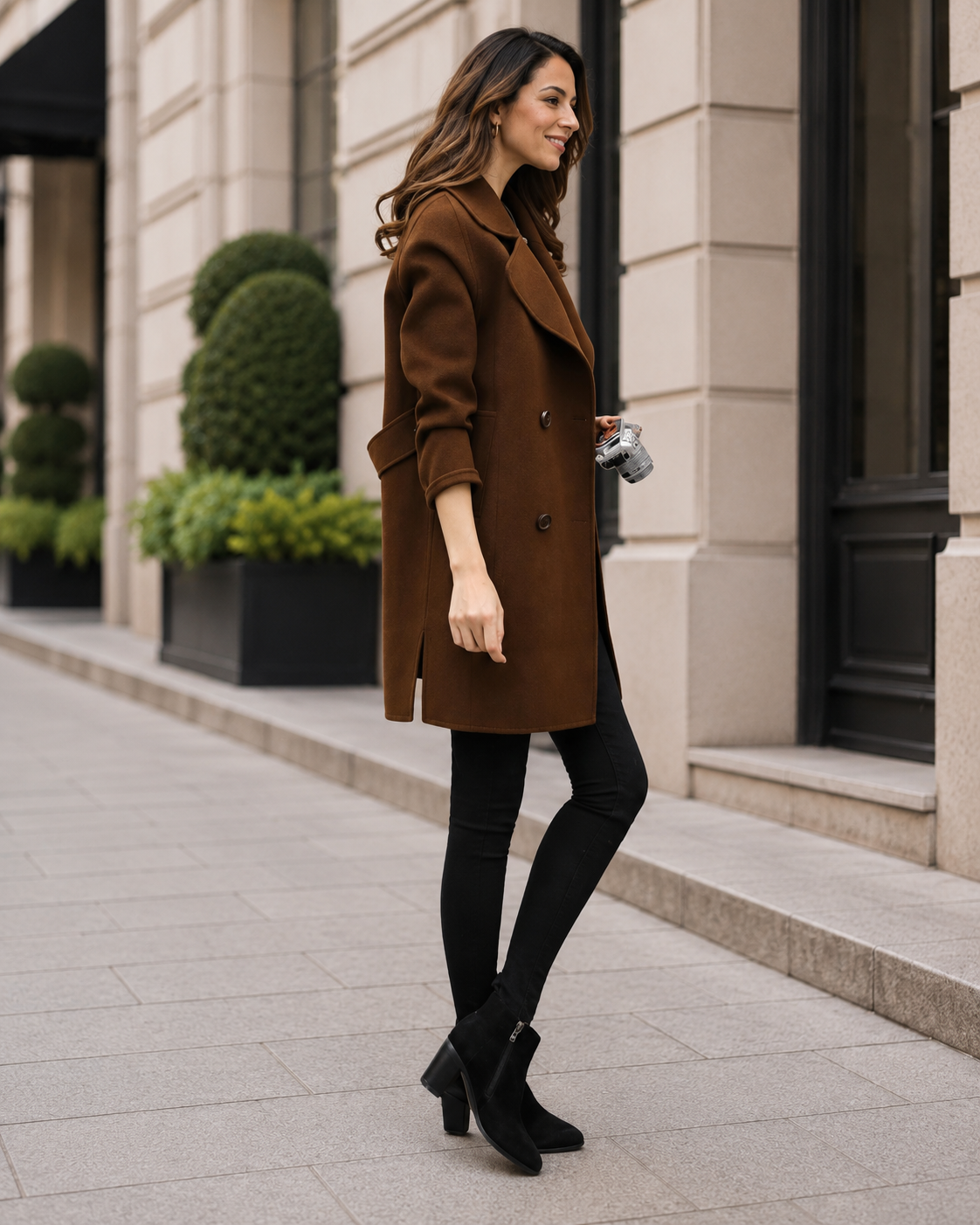 Women's Longline Trench Coat – Double Breasted Design with Sharp Lapels
