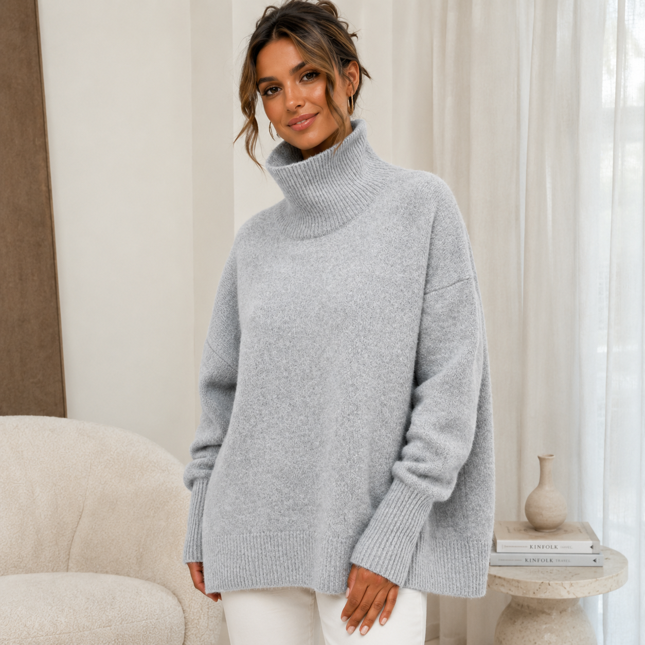 Women's Oversized Cotton Sweater – Turn-Down Collar