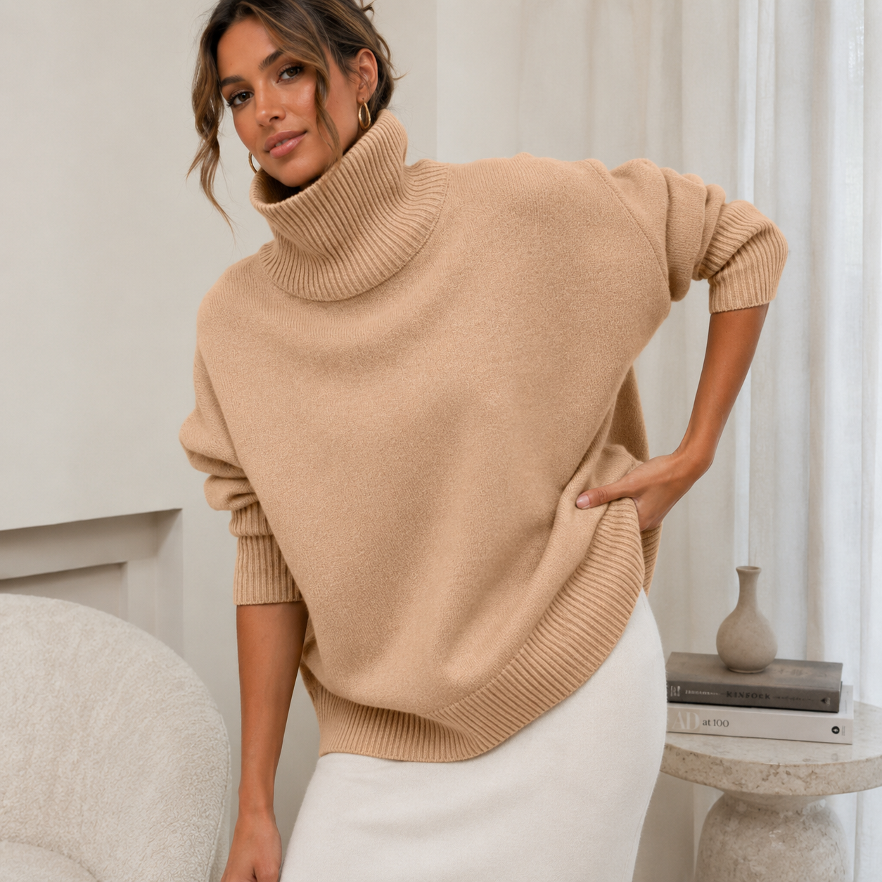 Women's Oversized Cotton Sweater – Turn-Down Collar
