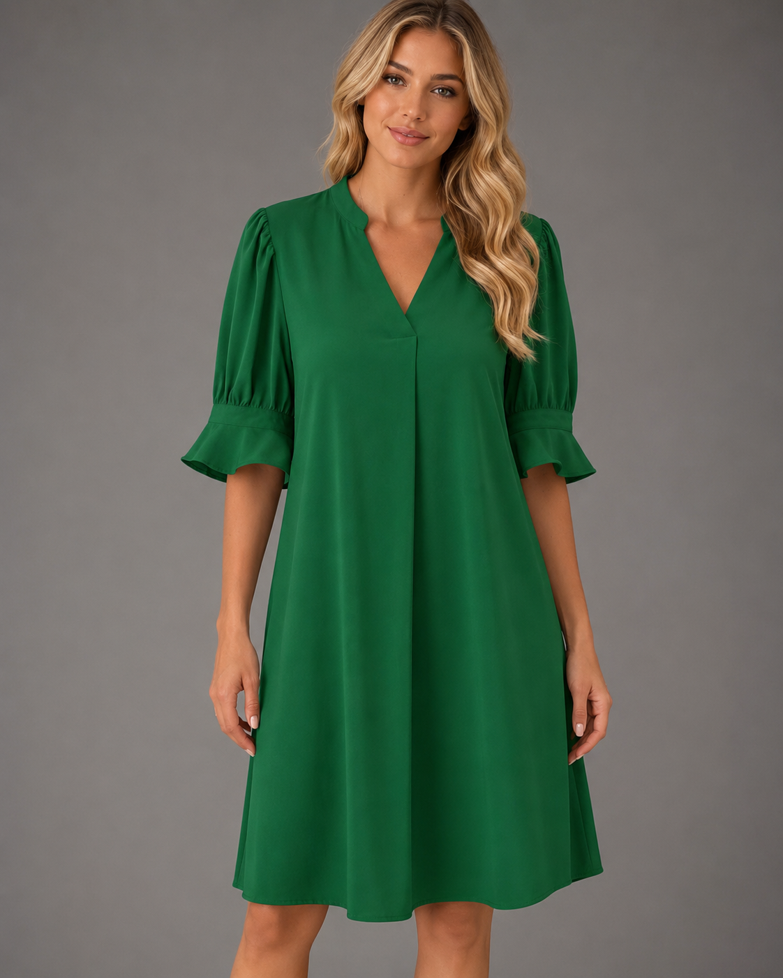 Women's Midi Dress – Loose Fit with V-Neck and Gathered Sleeves