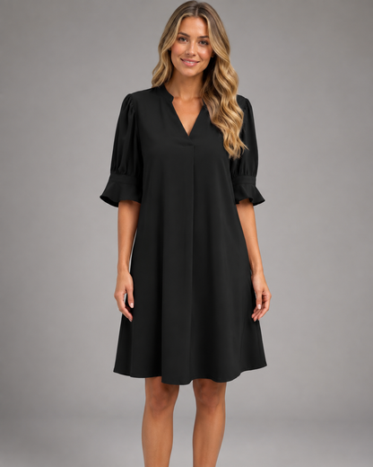 Women's Midi Dress – Loose Fit with V-Neck and Gathered Sleeves