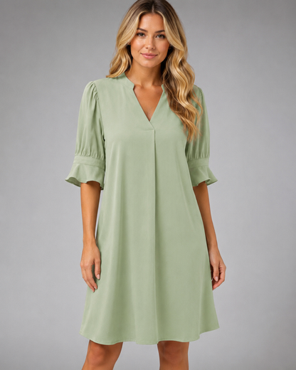 Women's Midi Dress – Loose Fit with V-Neck and Gathered Sleeves