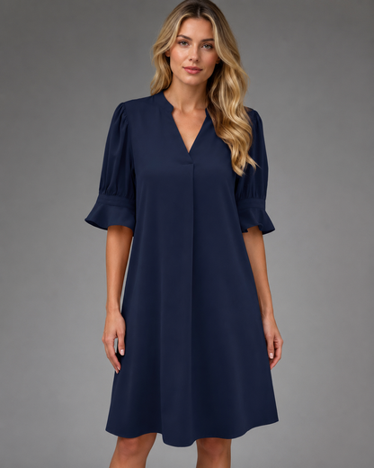 Women's Midi Dress – Loose Fit with V-Neck and Gathered Sleeves