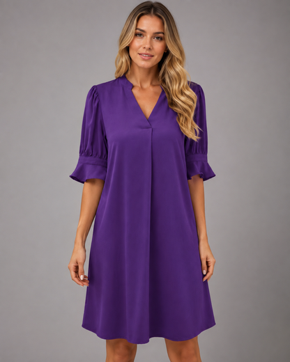 Women's Midi Dress – Loose Fit with V-Neck and Gathered Sleeves