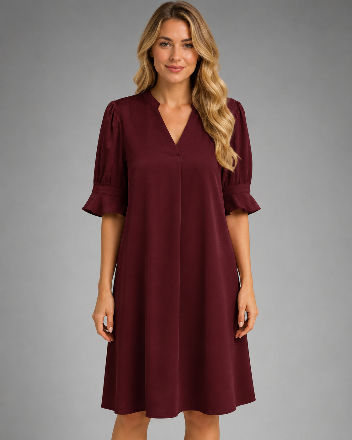 Women's Midi Dress – Loose Fit with V-Neck and Gathered Sleeves