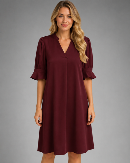 Women's Midi Dress – Loose Fit with V-Neck and Gathered Sleeves