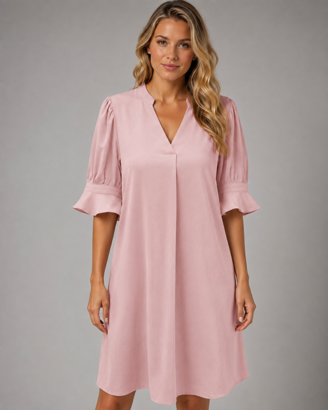 Women's Midi Dress – Loose Fit with V-Neck and Gathered Sleeves