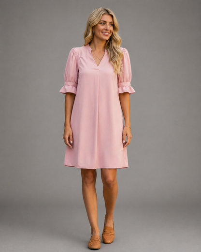 Women's Midi Dress – Loose Fit with V-Neck and Gathered Sleeves