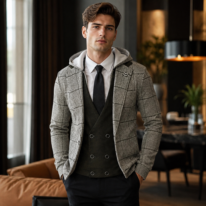 Men's Printed Hoodie – Classic Check Pattern with Practical Hood