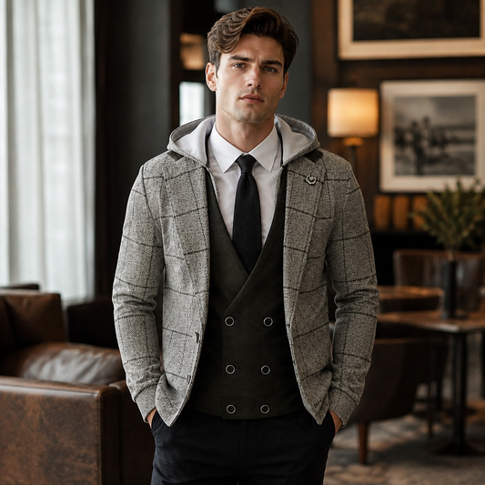 Men's Printed Hoodie – Classic Check Pattern with Practical Hood