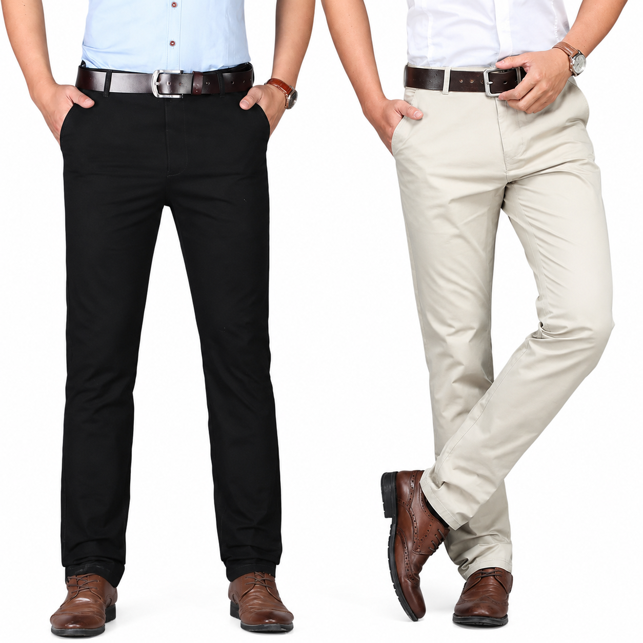 Men's Cotton Blend Slim Fit Dress Trousers – Elastic Waist for Comfort