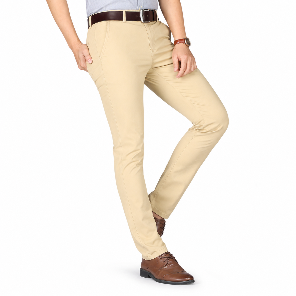 Men's Cotton Blend Slim Fit Dress Trousers – Elastic Waist for Comfort
