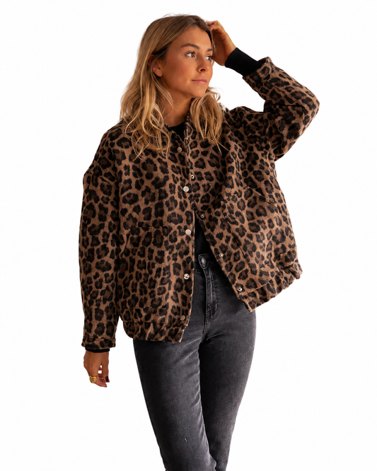 Women's Relaxed Fit Leopard Print Bomber Jacket – Snap-Button Front Closure