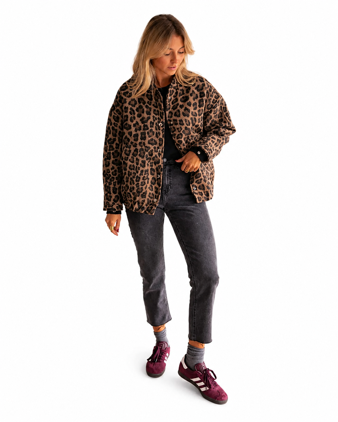 Women's Relaxed Fit Leopard Print Bomber Jacket – Snap-Button Front Closure