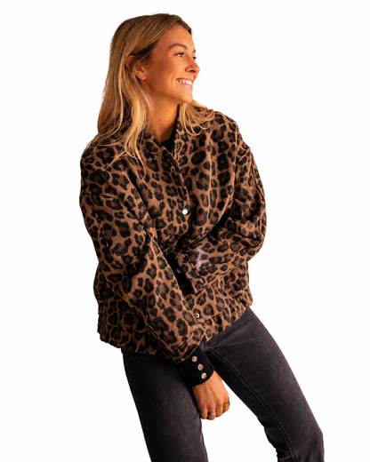 Women's Relaxed Fit Leopard Print Bomber Jacket – Snap-Button Front Closure