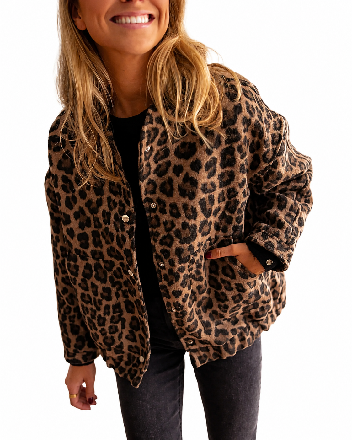Women's Relaxed Fit Leopard Print Bomber Jacket – Snap-Button Front Closure