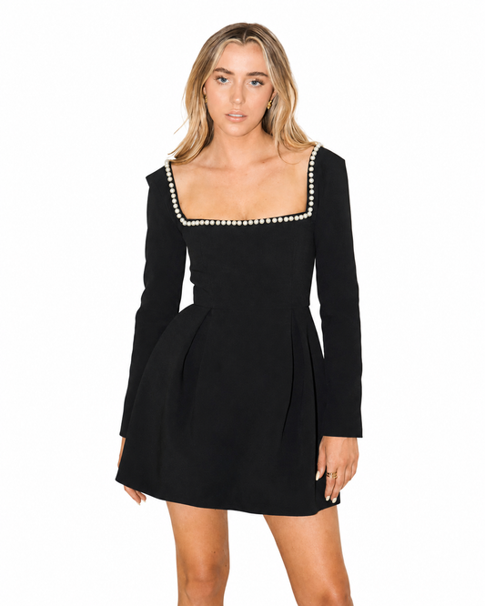 Women's Mini Dress – Pearl Trim with Long Sleeves
