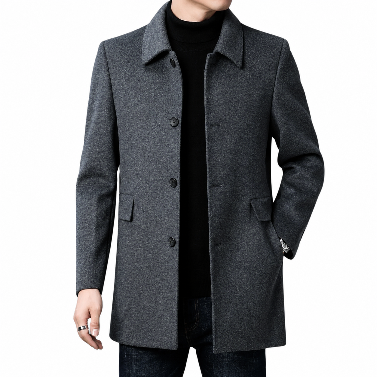 Men's Wool Blend Overcoat – Tailored Fit with Button Closure