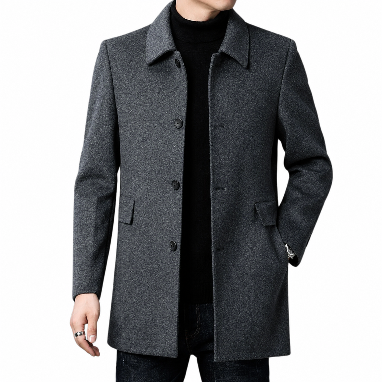 Men's Wool Blend Overcoat – Tailored Fit with Button Closure