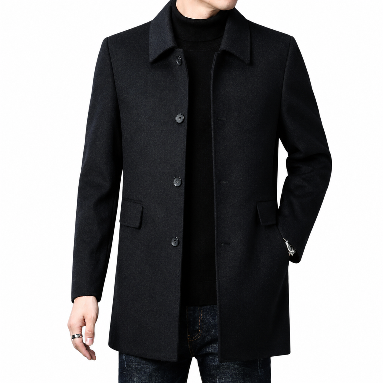 Men's Wool Blend Overcoat – Tailored Fit with Button Closure