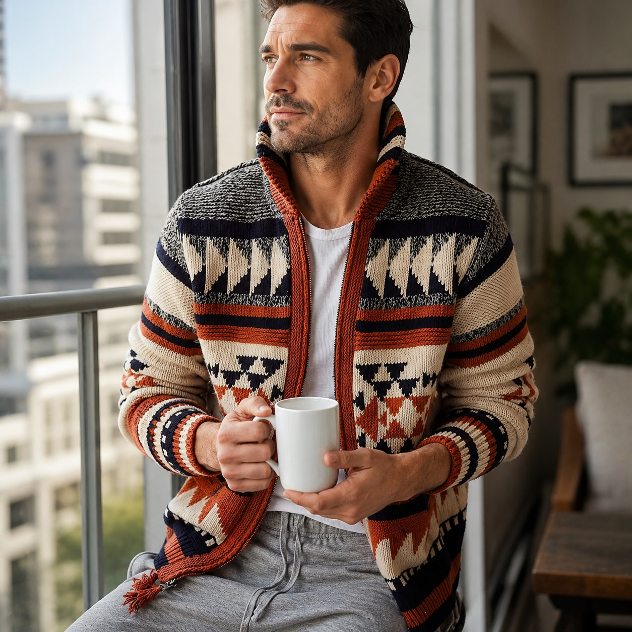 Men's Jacquard Cardigan – Comfortable Fit with Autumnal Patterns