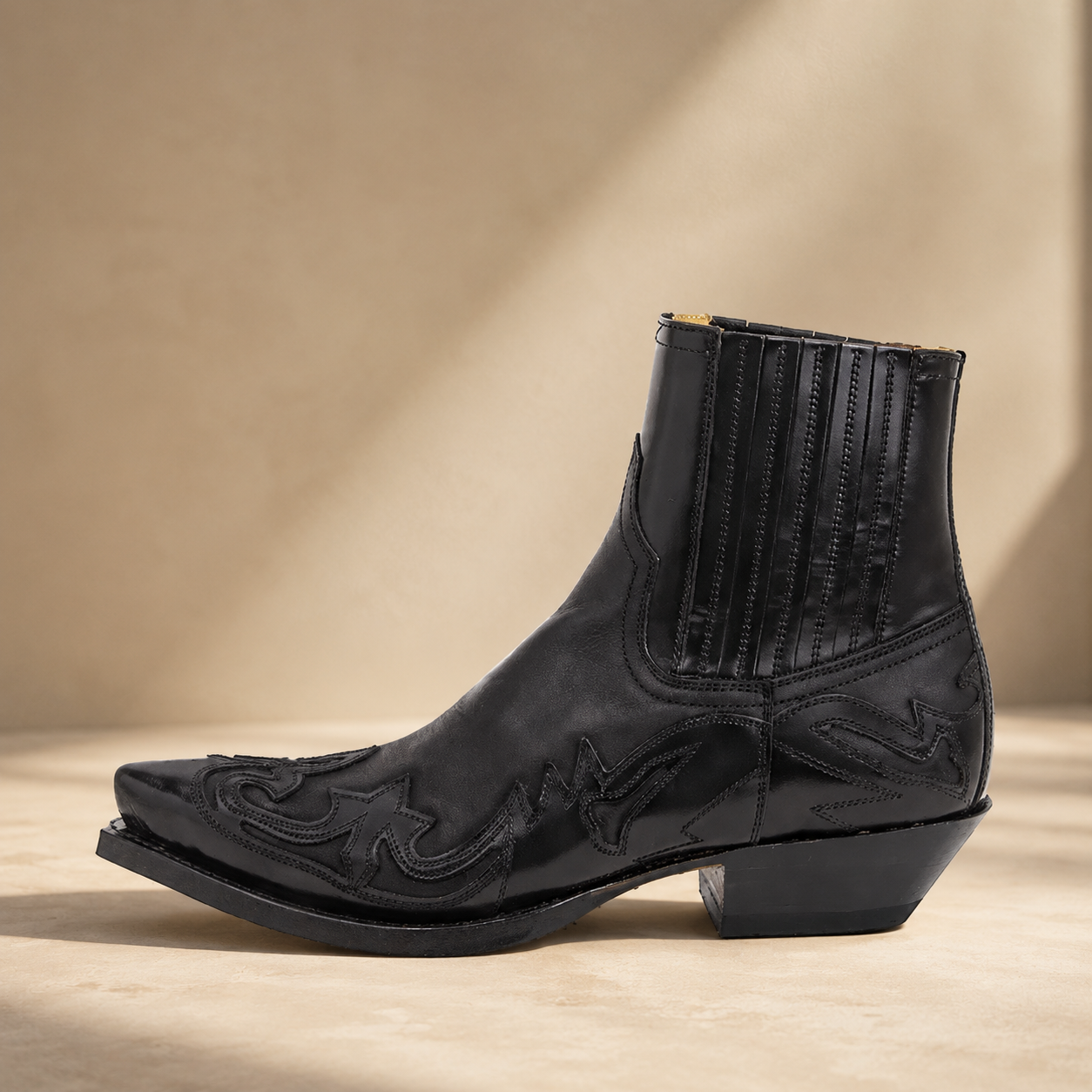 Women's Genuine Leather Black Ankle Boots – Pointed Toe with Elastic Sides