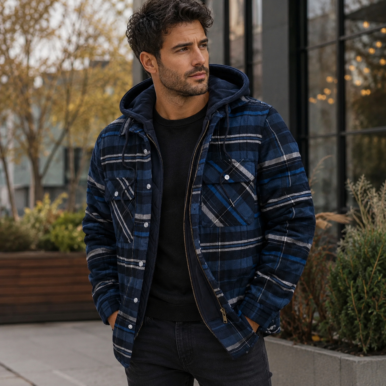 Men's Flannel Check Jacket – Drawstring Hood, Chest Pockets, Regular Fit