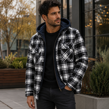 Men's Flannel Check Jacket – Drawstring Hood, Chest Pockets, Regular Fit