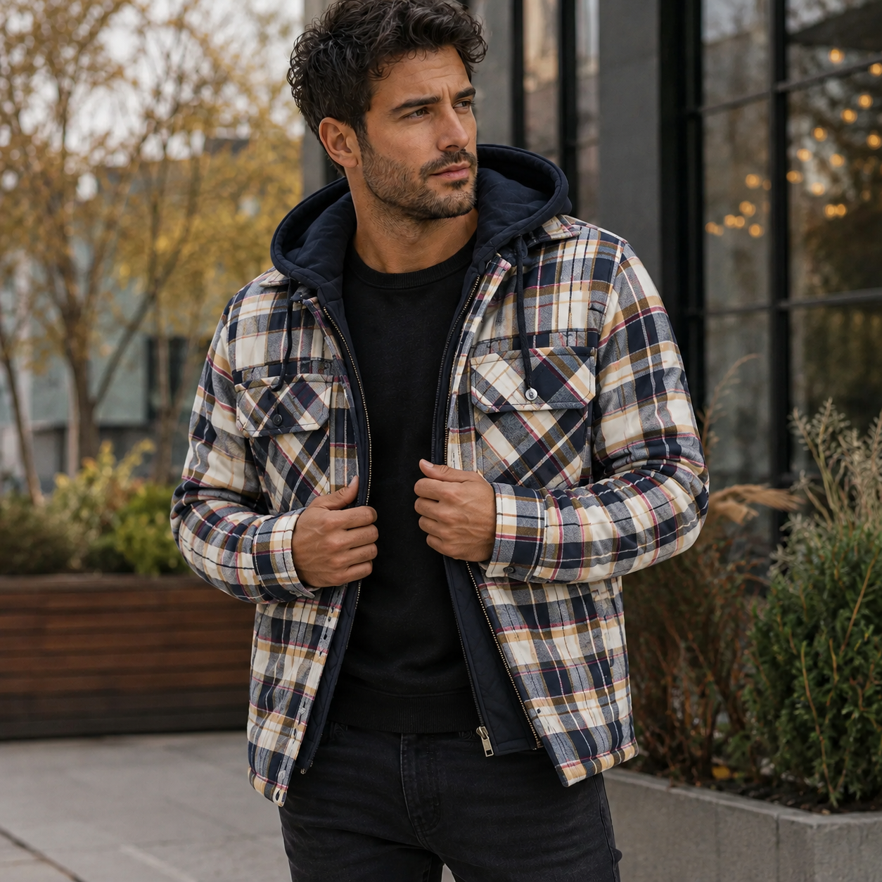 Men's Flannel Check Jacket – Drawstring Hood, Chest Pockets, Regular Fit