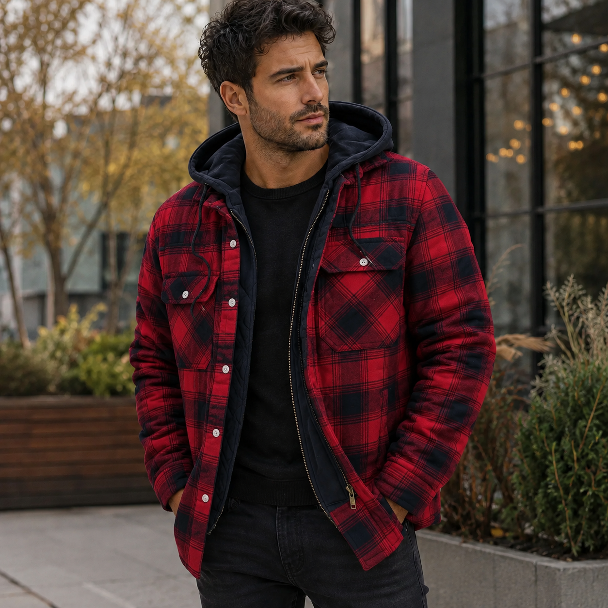 Men's Flannel Check Jacket – Drawstring Hood, Chest Pockets, Regular Fit