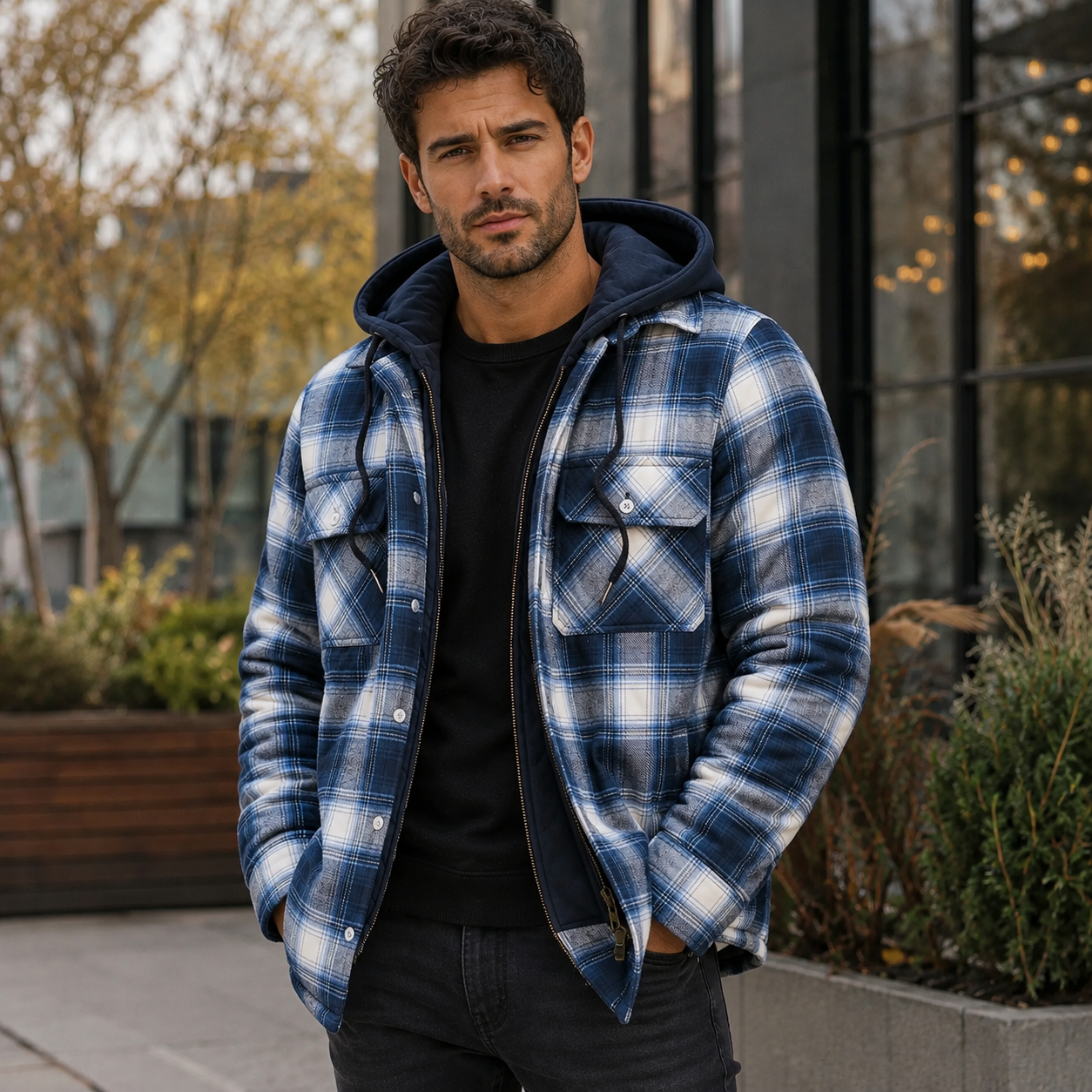 Men's Flannel Check Jacket – Drawstring Hood, Chest Pockets, Regular Fit