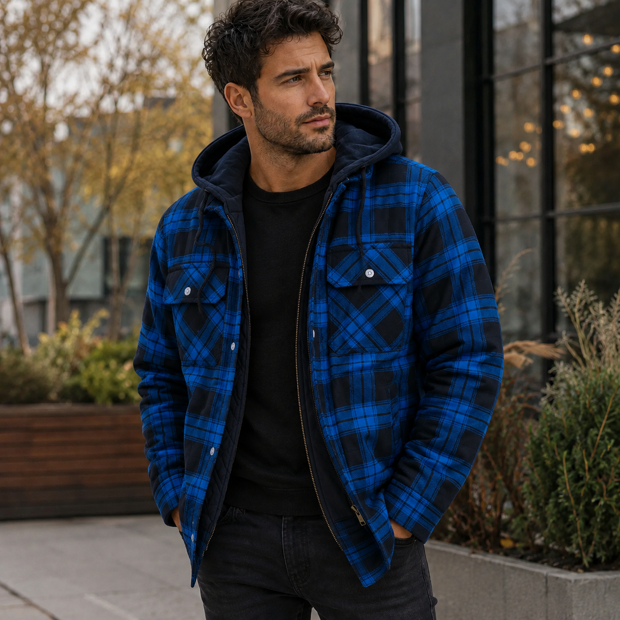 Men's Flannel Check Jacket – Drawstring Hood, Chest Pockets, Regular Fit
