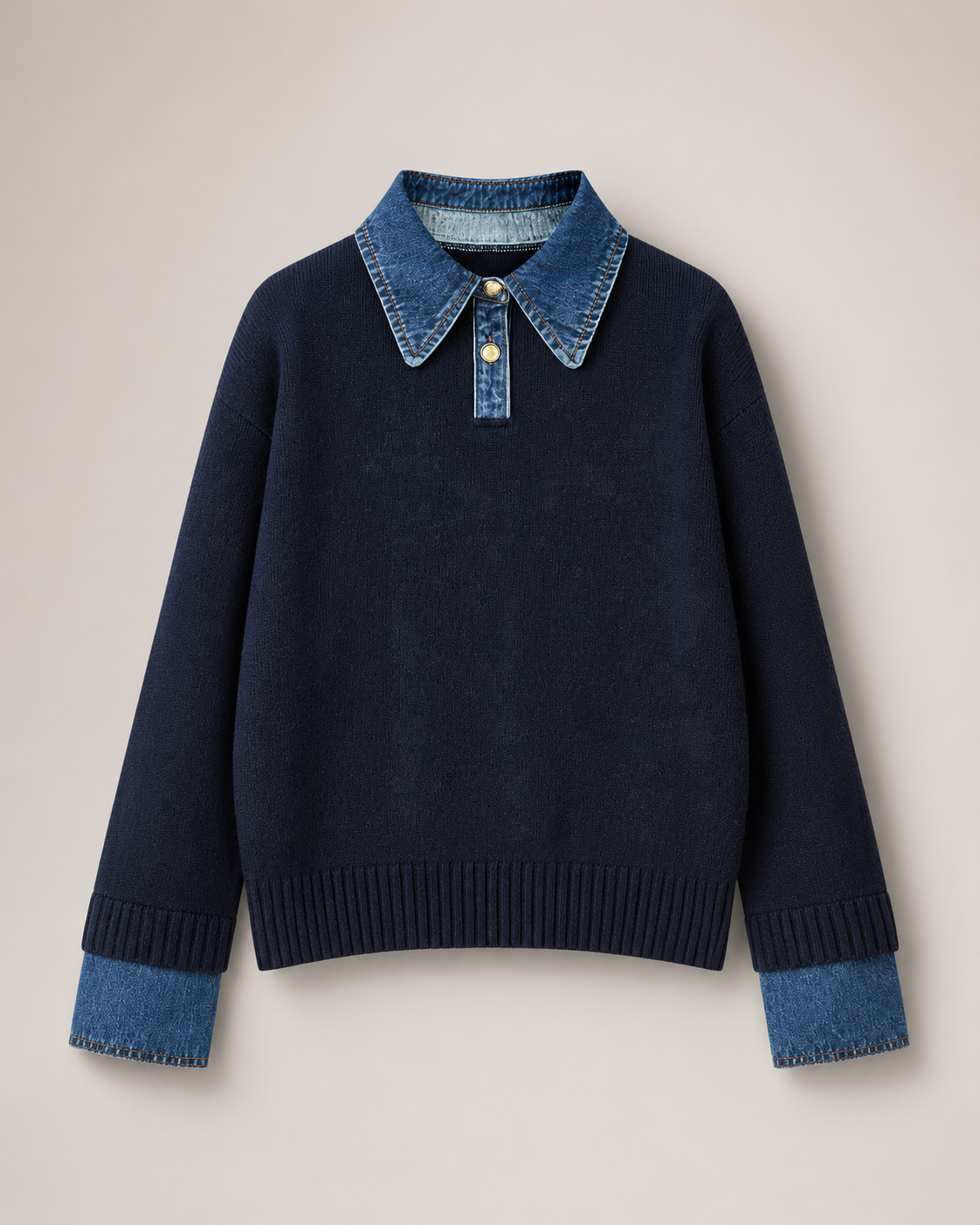 Women's Soft Stretch Knit Polo Sweater – Relaxed Fit with Denim Collar and Ribbed Trim