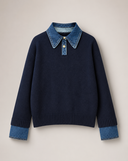 Women's Soft Stretch Knit Polo Sweater – Relaxed Fit with Denim Collar and Ribbed Trim
