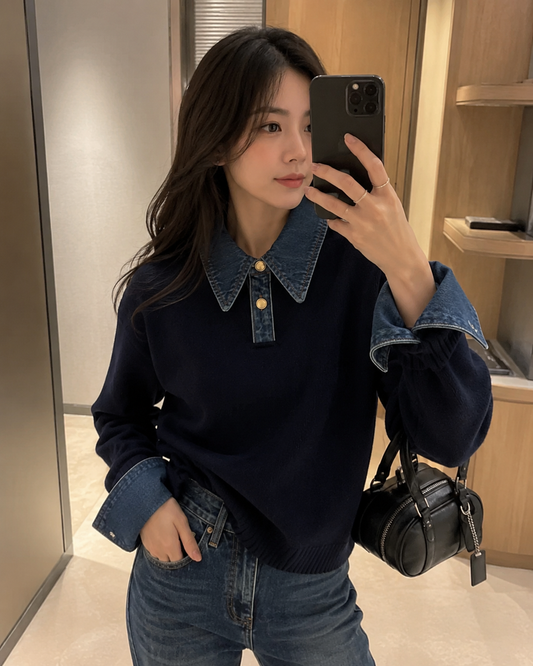 Women's Soft Stretch Knit Polo Sweater – Relaxed Fit with Denim Collar and Ribbed Trim