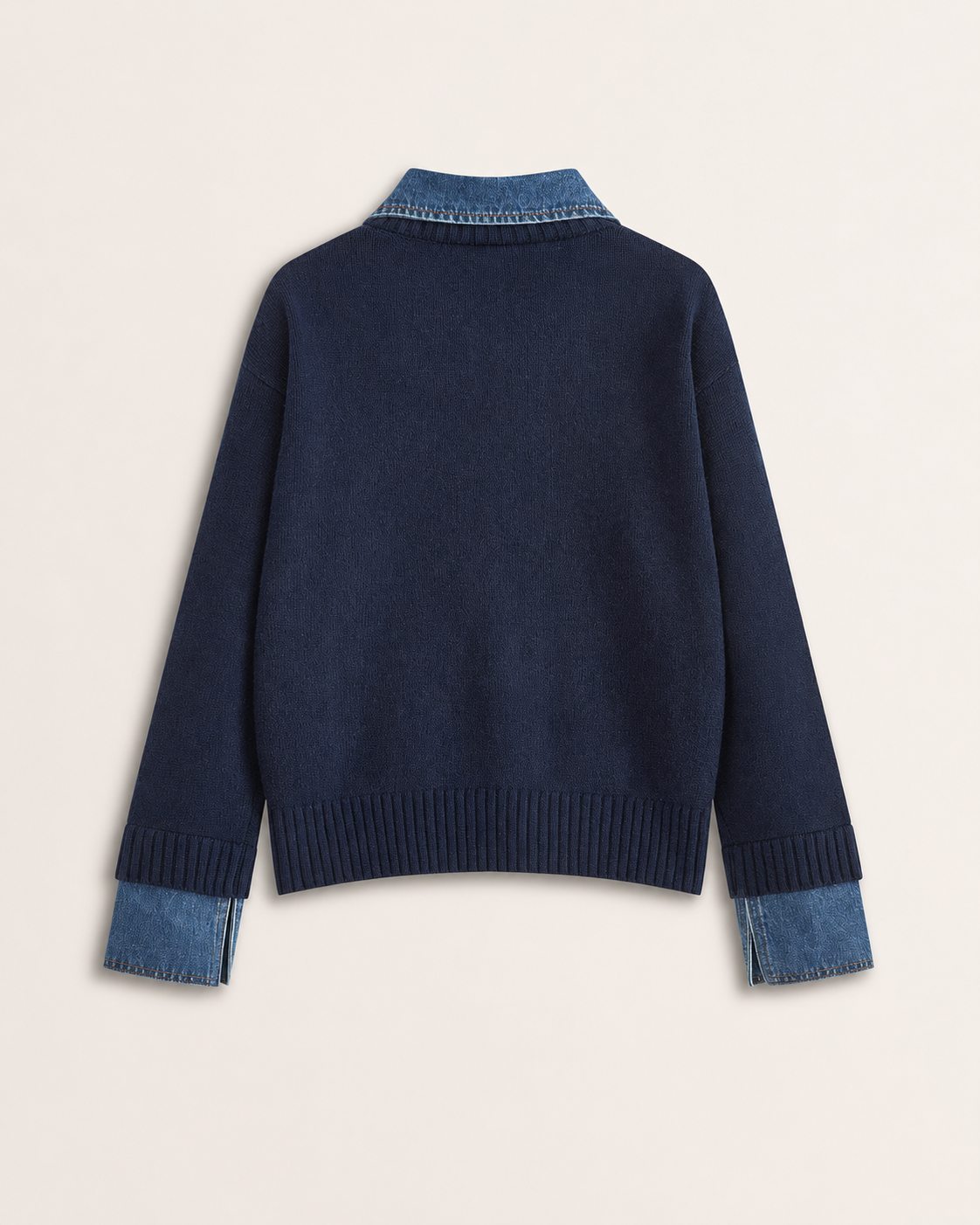 Women's Soft Stretch Knit Polo Sweater – Relaxed Fit with Denim Collar and Ribbed Trim