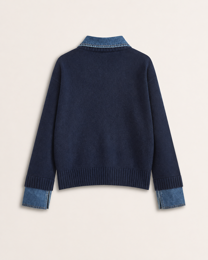 Women's Soft Stretch Knit Polo Sweater – Relaxed Fit with Denim Collar and Ribbed Trim