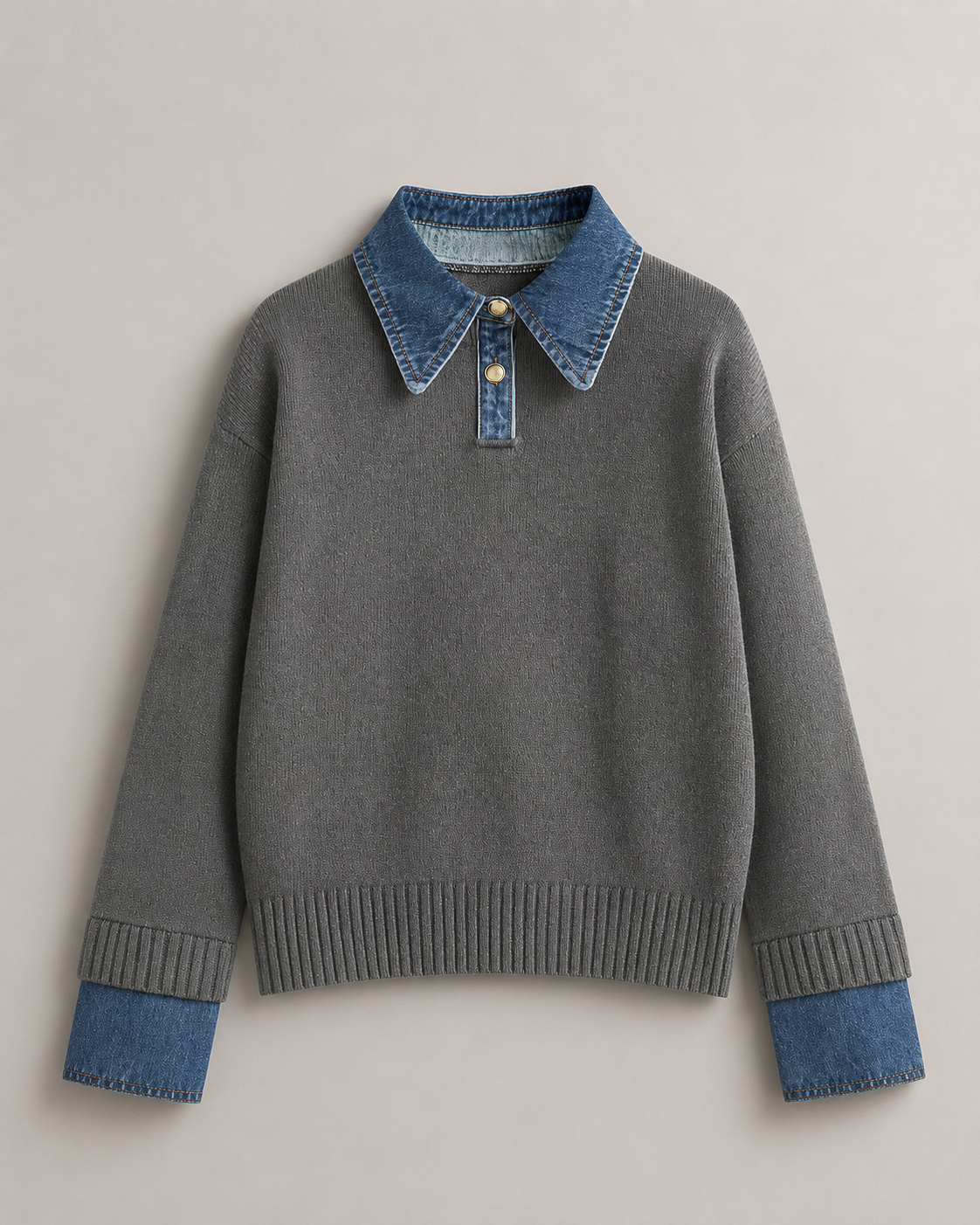 Women's Soft Stretch Knit Polo Sweater – Relaxed Fit with Denim Collar and Ribbed Trim